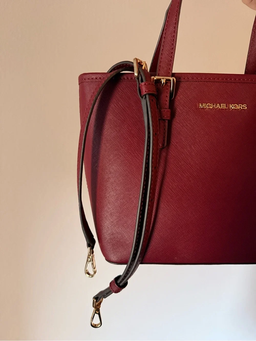 Michael Kors Dark Cherry Saffiano Leather Shoulder Bag with Gold Hardware